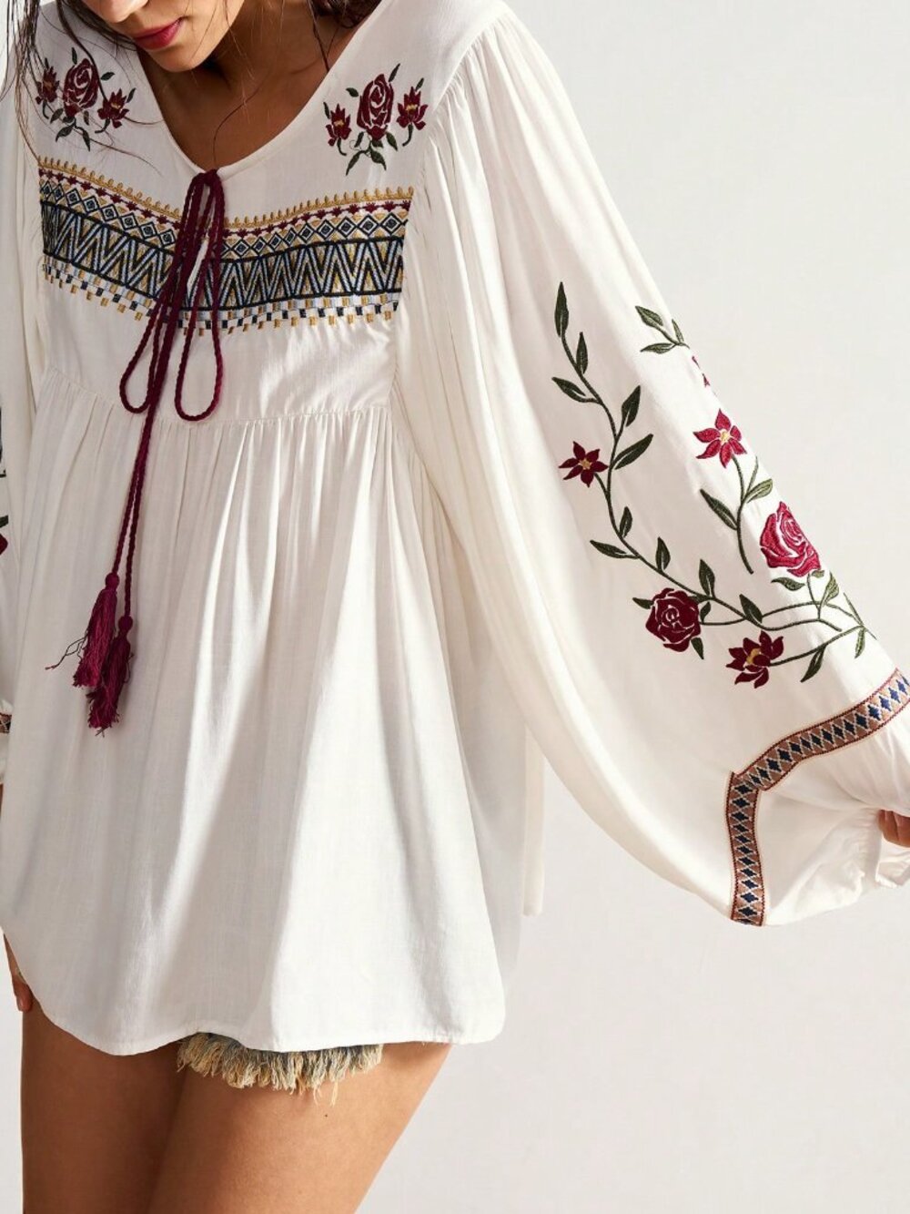 White Boho Women's Floral Knot Front Long Sleeve Casual Blouse - Picture 7 of 7